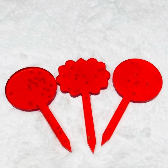 Set of 3 Red Glitter Plant Markers Hand Crafted Resin Gift Set Cake Toppers - Picture 2 of 7